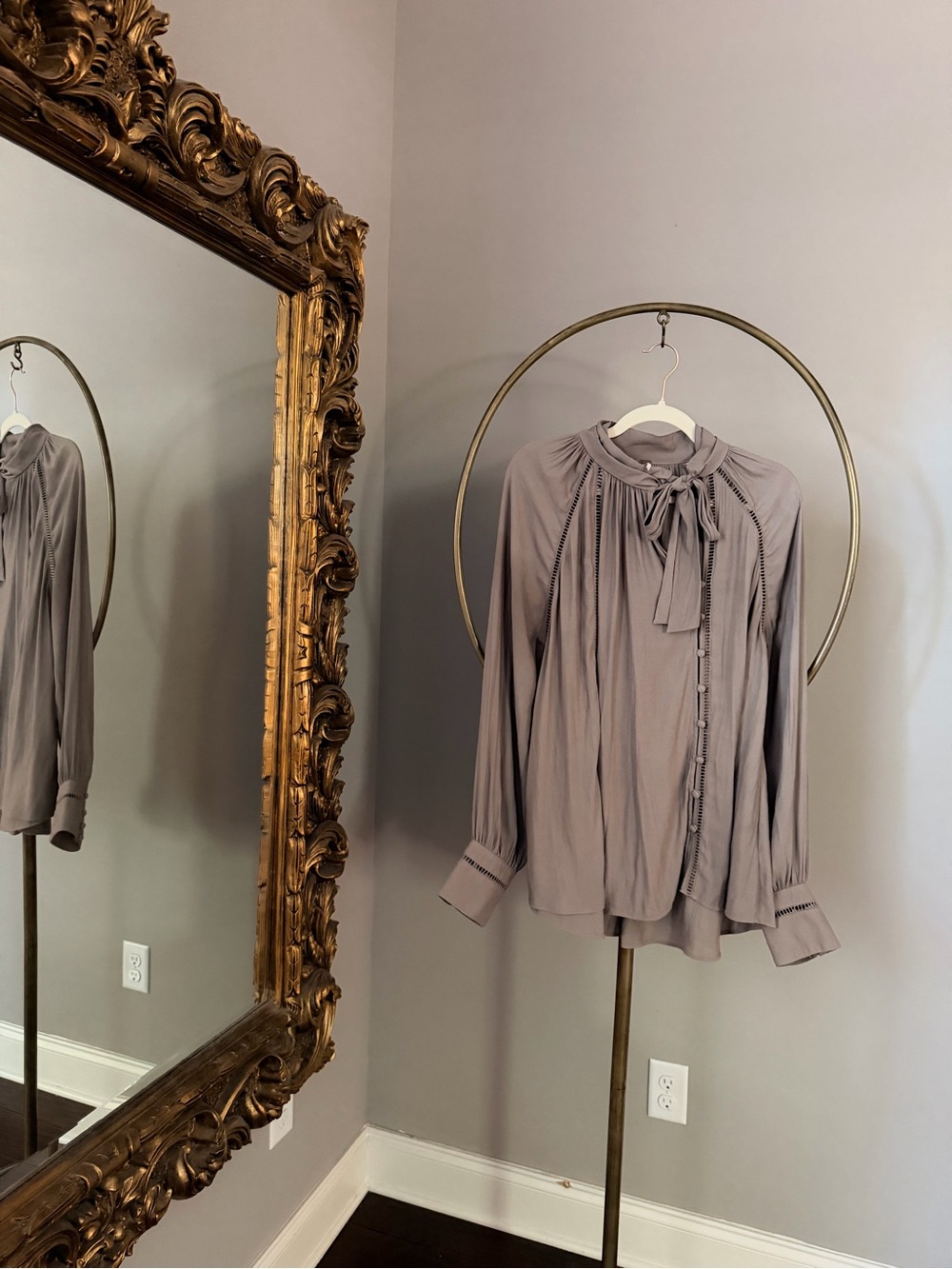 Free People Asymmetrical Tie-Neck Button Down Blouse - Mauve Gray